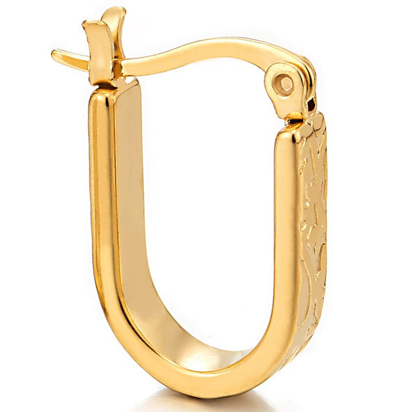 Men Womens Steel Gold Color Horseshoe U-shape Huggie Hinged Hoop Earrings with Filigree - COOLSTEELANDBEYOND Jewelry