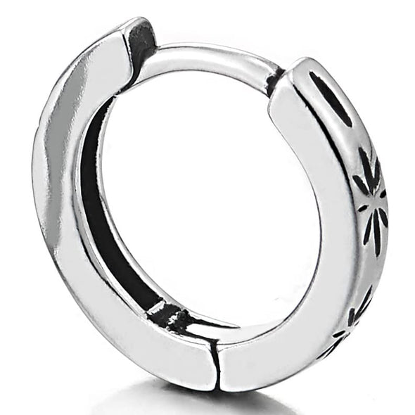 Men Womens Steel Huggie Hinged Hoop Earrings with Leaf Petal Pattern, Ethnic - COOLSTEELANDBEYOND Jewelry