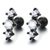 Mens and Women Stainless Steel Black Stud Earrings with Three Cubic Zirconia, Screw Back, 2pcs - COOLSTEELANDBEYOND Jewelry