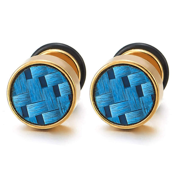 Mens Gold Stud Earrings with Blue Carbon Fiber, Steel Cheater Fake Ear Plugs Gauges Illusion Tunnel - COOLSTEELANDBEYOND Jewelry