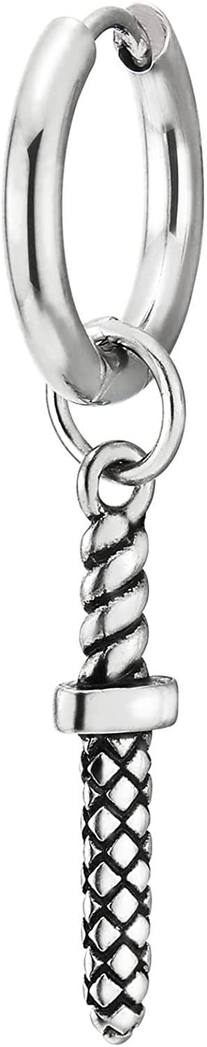 Mens Stainless Steel Circle Huggie Hinged Hoop Earrings with Sword - COOLSTEELANDBEYOND Jewelry