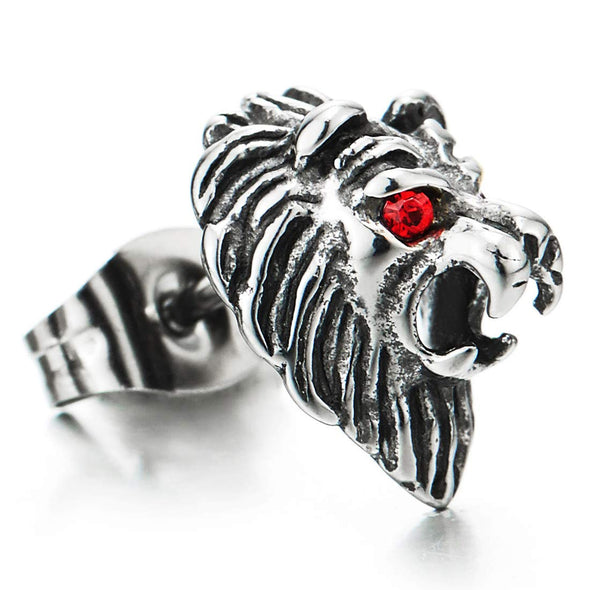 Mens Vintage Stainless Steel Lion Head Stud Earrings with Red Cubic Zirconia Eyes, 2 pcs - coolsteelandbeyond