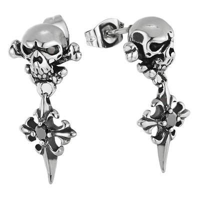 Mens Vintage Steel Pirate Skull Stud Earrings with Dangling Spiked Cross and Black CZ, Gothic - coolsteelandbeyond