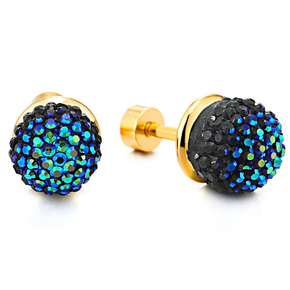 Mens Women Black Blue Rhinestone Cluster Ball Stud Earrings, Gold Color Stainless Steel, Screw Back - COOLSTEELANDBEYOND Jewelry