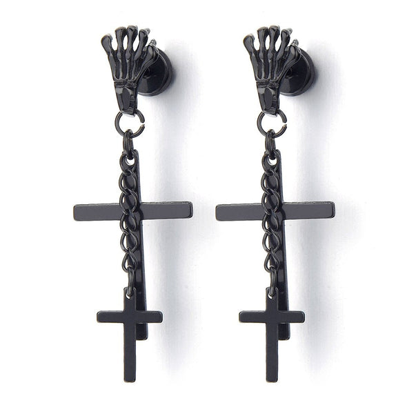 Mens Women Black Skeleton Claw Cross Chain Stud Earrings Drop Dangle, Stainless Steel, Screw Back, 2 pcs