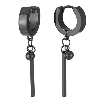 Mens Women Black Stainless Steel Huggie Hinged Hoop Earrings with Stick Bar and Beads 2 pcs - COOLSTEELANDBEYOND Jewelry