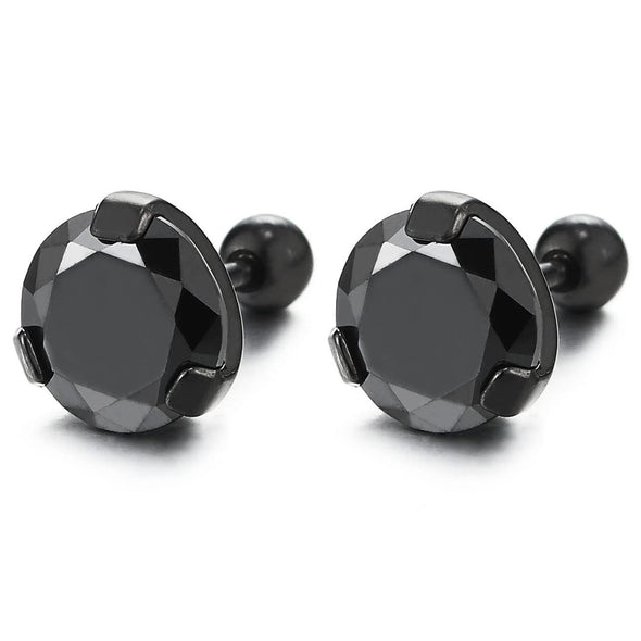 Mens Women Black Stainless Steel Stud Earrings with Black Solitaire Cubic Zirconia Screw Back 2 pcs