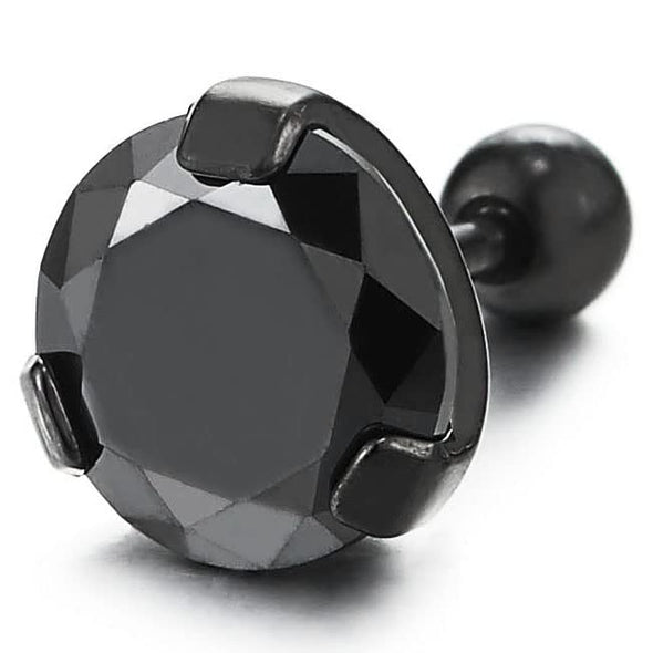 Mens Women Black Stainless Steel Stud Earrings with Black Solitaire Cubic Zirconia Screw Back 2 pcs
