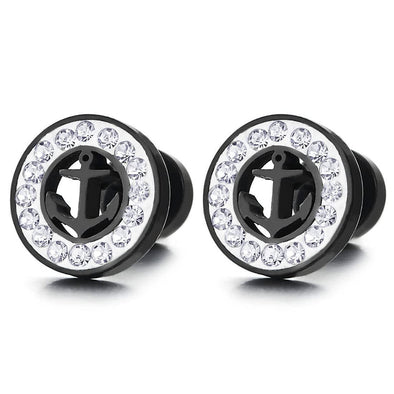 Mens Women Black Steel Circle Stud Earrings Marine Anchor and White Cubic Zirconia Screw Back 2 pcs - COOLSTEELANDBEYOND Jewelry