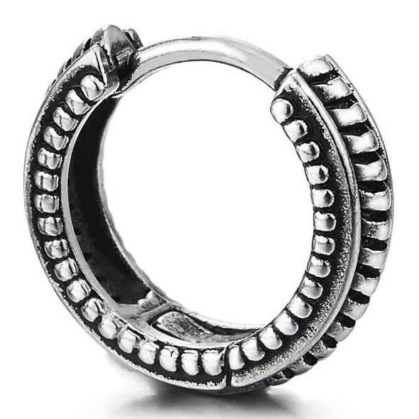 Mens Women Retro Style Stainless Steel Grooved Dotted Huggie Hinged Hoop Earrings 2 pcs - COOLSTEELANDBEYOND Jewelry