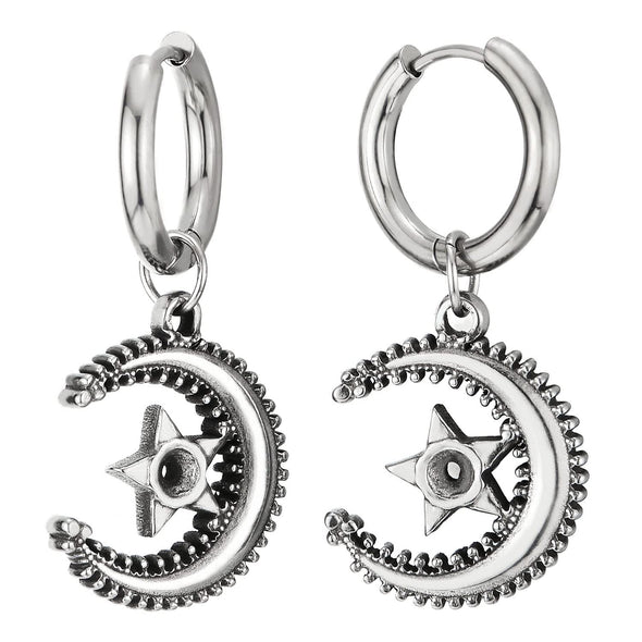 Mens Women Stainless Steel Dangling Huggie Hinged Hoop Earrings with Moon and Star 2 pcs - COOLSTEELANDBEYOND Jewelry