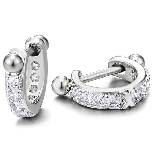 Mens Women Stainless Steel Half Circle Huggie Hinged Hoop Earrings with Cubic Zirconia, 2pcs - COOLSTEELANDBEYOND Jewelry