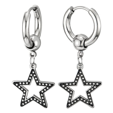 Mens Women Stainless Steel Huggie Hinged Hoop Earrings with Dotted Pentagram 2 pcs - COOLSTEELANDBEYOND Jewelry