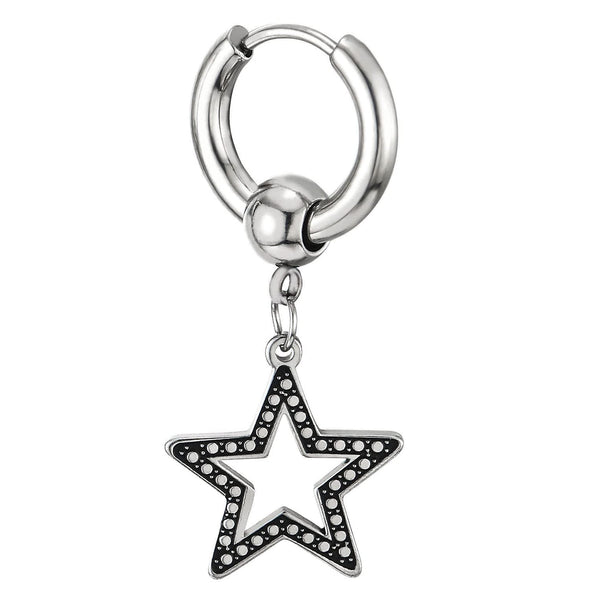 Mens Women Stainless Steel Huggie Hinged Hoop Earrings with Dotted Pentagram 2 pcs - COOLSTEELANDBEYOND Jewelry
