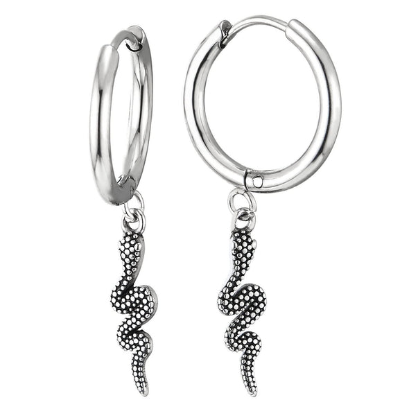Mens Women Stainless Steel Huggie Hinged Hoop Earrings with Dotted Snake 2 pcs - COOLSTEELANDBEYOND Jewelry