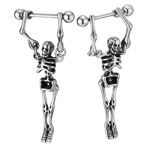 Mens Women Stainless Steel Long Stud Earrings with Dangling Skeleton Screw Back 2 pcs