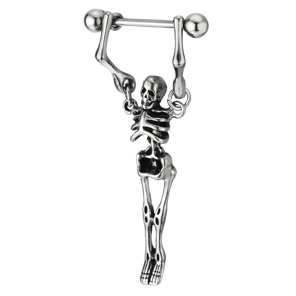 Mens Women Stainless Steel Long Stud Earrings with Dangling Skeleton Screw Back 2 pcs