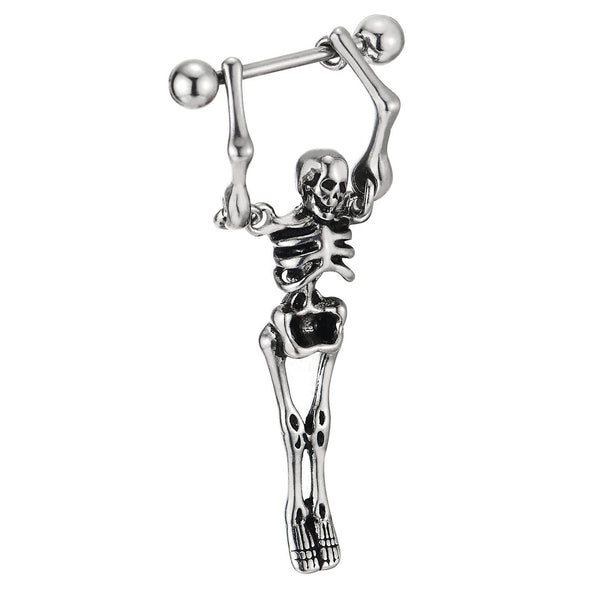 Mens Women Stainless Steel Long Stud Earrings with Dangling Skeleton Screw Back 2 pcs