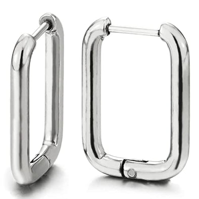 Mens Women Stainless Steel Plain U-shape Huggie Hinged Hoop Earrings 2 pcs - COOLSTEELANDBEYOND Jewelry