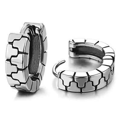 Mens Women Stainless Steel Puzzle Tire Grid Pattern Huggie Hinged Hoop Earrings 2 pcs - COOLSTEELANDBEYOND Jewelry