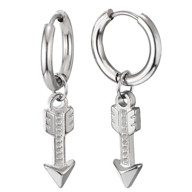 Mens Women Steel Circle Huggie Hinged Hoop Earrings with Dangling Arrow - COOLSTEELANDBEYOND Jewelry