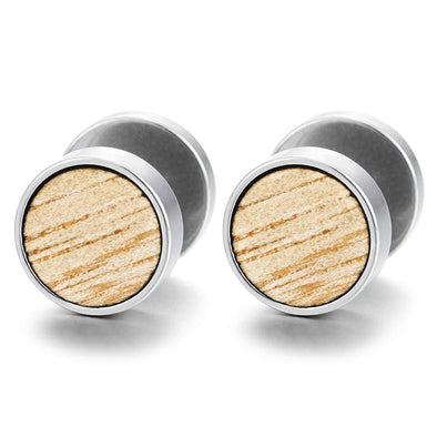 Mens Women Steel Circle Stud Earrings with Wood, Cheater Fake Ear Plugs Gauges Illusion Tunnel - COOLSTEELANDBEYOND Jewelry