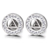 Mens Women Steel Circle Triangle Stud Earring with CZ and White Enamel, Cheater Fake Ear Plug Gauges - coolsteelandbeyond