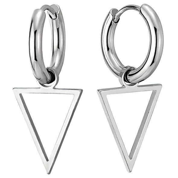 Mens Women Steel Huggie Hinged Hoop Earrings with Dangling Triangle Frame - COOLSTEELANDBEYOND Jewelry