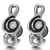 Mens Women Steel Treble Clef Music Note Stud Earrings with Black Enamel, Cubic Zirconia Screw Back - COOLSTEELANDBEYOND Jewelry
