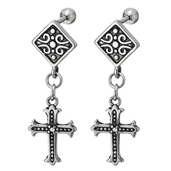 Mens Women Steel Vintage Tribal Tattoo Graphic Square Stud Earrings, Dangling Patonce cross with CZ