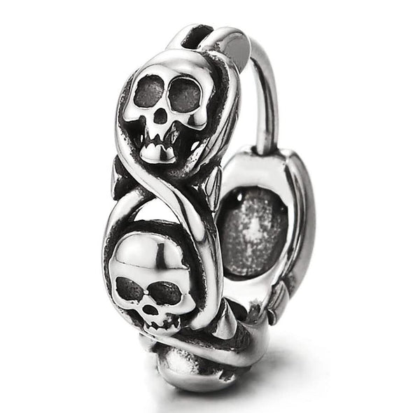 Mens Women Vintage Stainless Steel Huggie Hinged Hoop Earrings with Skulls 2 pcs