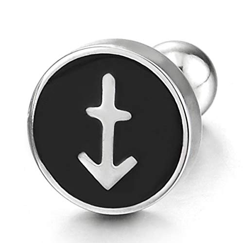 Mens Womens 8MM Circle Stud Earrings with Anchor and Black Enamel, Stainless Steel, Screw Back - COOLSTEELANDBEYOND Jewelry