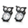 Mens Womens Black Owl Stud Earrings in Stainless Steel with Cubic Zirconia, Screw Back, 2 pcs - COOLSTEELANDBEYOND Jewelry