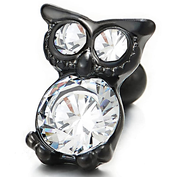 Mens Womens Black Owl Stud Earrings in Stainless Steel with Cubic Zirconia, Screw Back, 2 pcs - COOLSTEELANDBEYOND Jewelry