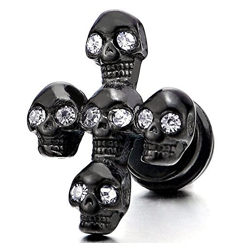 Mens Womens Black Stainless Steel Skull Cross Stud Earrings with Cubic Zirconia, Screw Back, 2Pcs - COOLSTEELANDBEYOND Jewelry