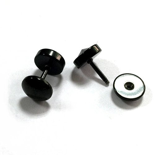 Mens Womens Black Stud Earrings Steel Cheater Fake Ear Plugs Gauges with Black Cubic Zirconia, 2pcs - coolsteelandbeyond