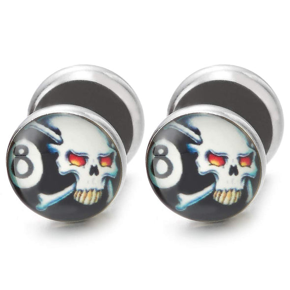 Mens Womens Black White Pirate Skull Circle Stud Earrings, Steel Cheater Fake Ear Plugs Gauges - COOLSTEELANDBEYOND Jewelry