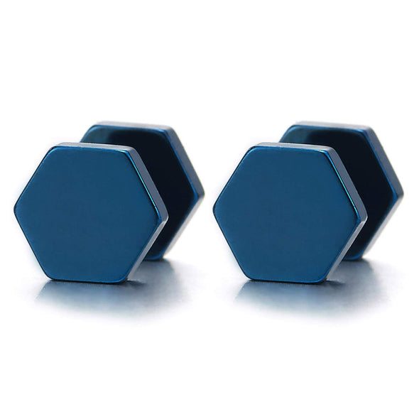 Mens Womens Blue Hexagon Screw Stud Earrings, Steel Cheater Fake Ear Plugs Gauges Illusion Tunnel - coolsteelandbeyond