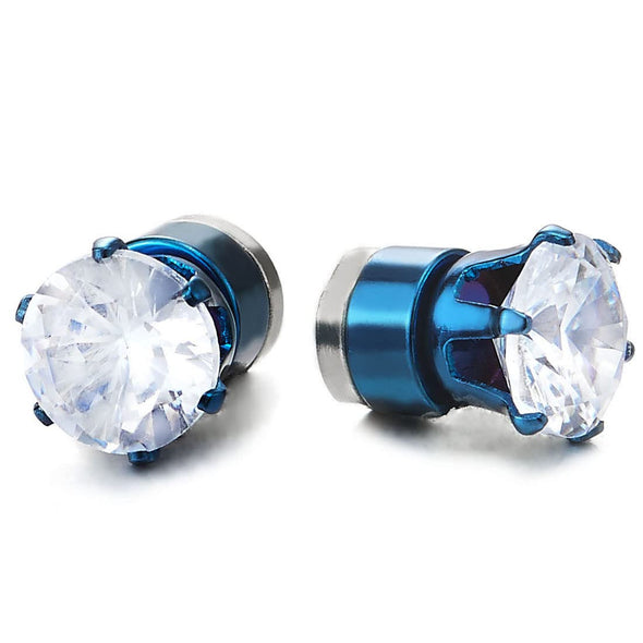 Mens Womens Blue Magnetic Cubic Zirconia Stud Earrings, Steel, Non-Piercing Clip On Cheater Fake Ear - COOLSTEELANDBEYOND Jewelry