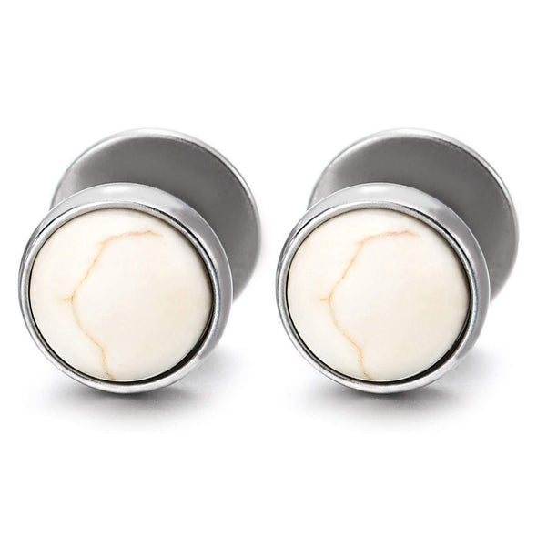 Mens Womens Circle Stud Earrings with White Gem Stone Ball, Steel Cheater Fake Ear Plugs Gauges