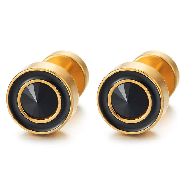 Mens Womens Gold Circle Stud Earrings with Black Enamel and Spiked CZ, Steel Cheater Fake Ear Plugs - coolsteelandbeyond