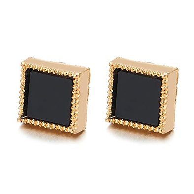 Mens Womens Gold Color Dotted Square Black Acrylic Magnetic Stud Earring, Non-Piercing Clip On Fake - coolsteelandbeyond