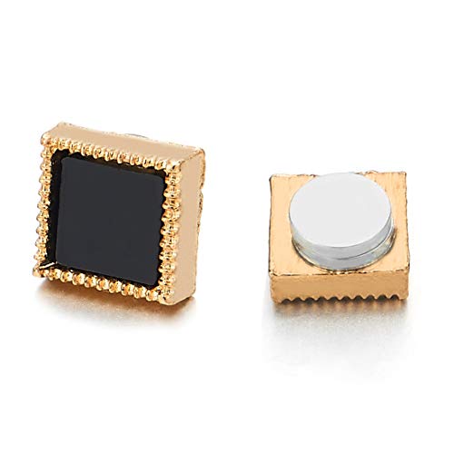 Mens Womens Gold Color Dotted Square Black Acrylic Magnetic Stud Earring, Non-Piercing Clip On Fake - coolsteelandbeyond