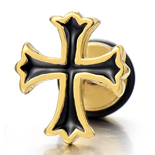 Mens Womens Gold Cross Stud Earrings in Stainless Steel with Black Enamel, Screw Back, 2 Pcs