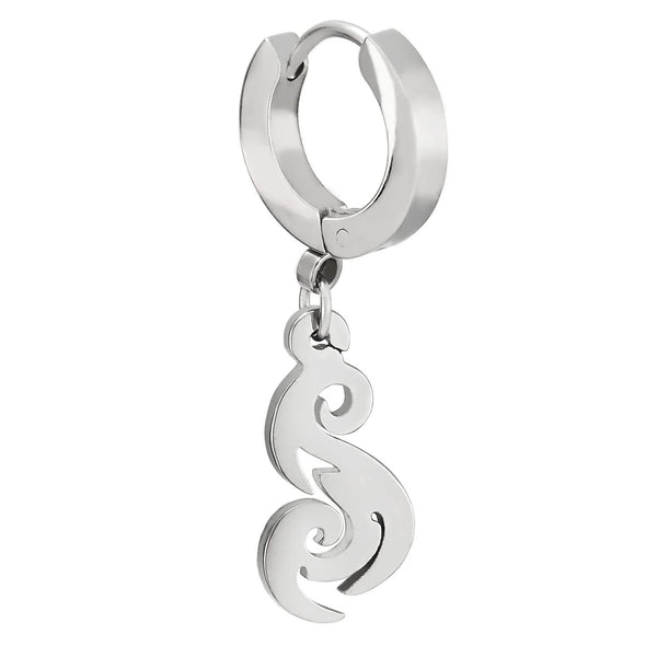 Mens Womens Huggie Hinged Hoop Earrings with Dangling Swirl Pattern, Stainless Steel, 2pcs - COOLSTEELANDBEYOND Jewelry
