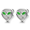 Mens Womens Small Alien Stud Earrings with Green Enamel Eyes, Stainless Steel, Screw Back - coolsteelandbeyond