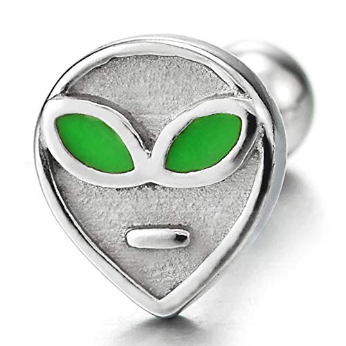 Mens Womens Small Alien Stud Earrings with Green Enamel Eyes, Stainless Steel, Screw Back - coolsteelandbeyond