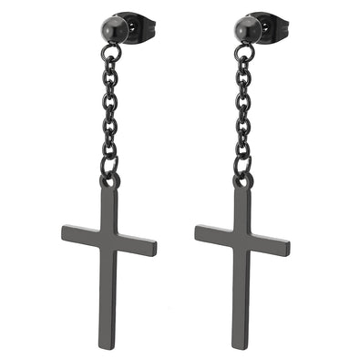 Mens Womens Stainless Steel Black Ball Stud Earrings with Long Chain Dangling Cross, 2 pcs - COOLSTEELANDBEYOND Jewelry