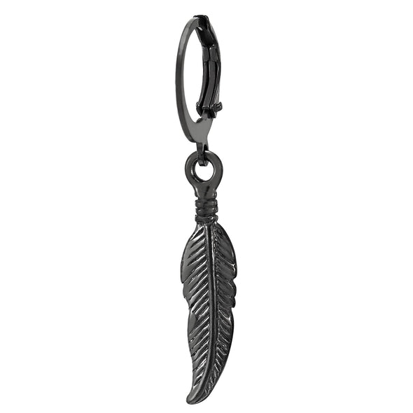 Mens Womens Stainless Steel Black Huggie Hinged Hoop Earrings with Dangling Vintage Feather Leaf - COOLSTEELANDBEYOND Jewelry