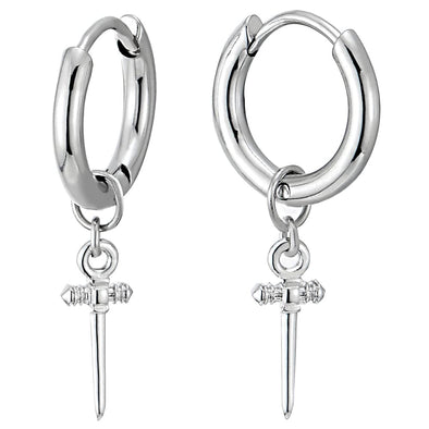 Mens Womens Stainless Steel Circle Ball Huggie Hinged Hoop Earrings with Dangling Small Cross - COOLSTEELANDBEYOND Jewelry